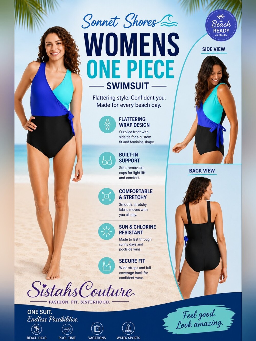 Sonnet Shores Wrap One-Piece Swimsuit | Blue, Aqua & Black Tummy Control
